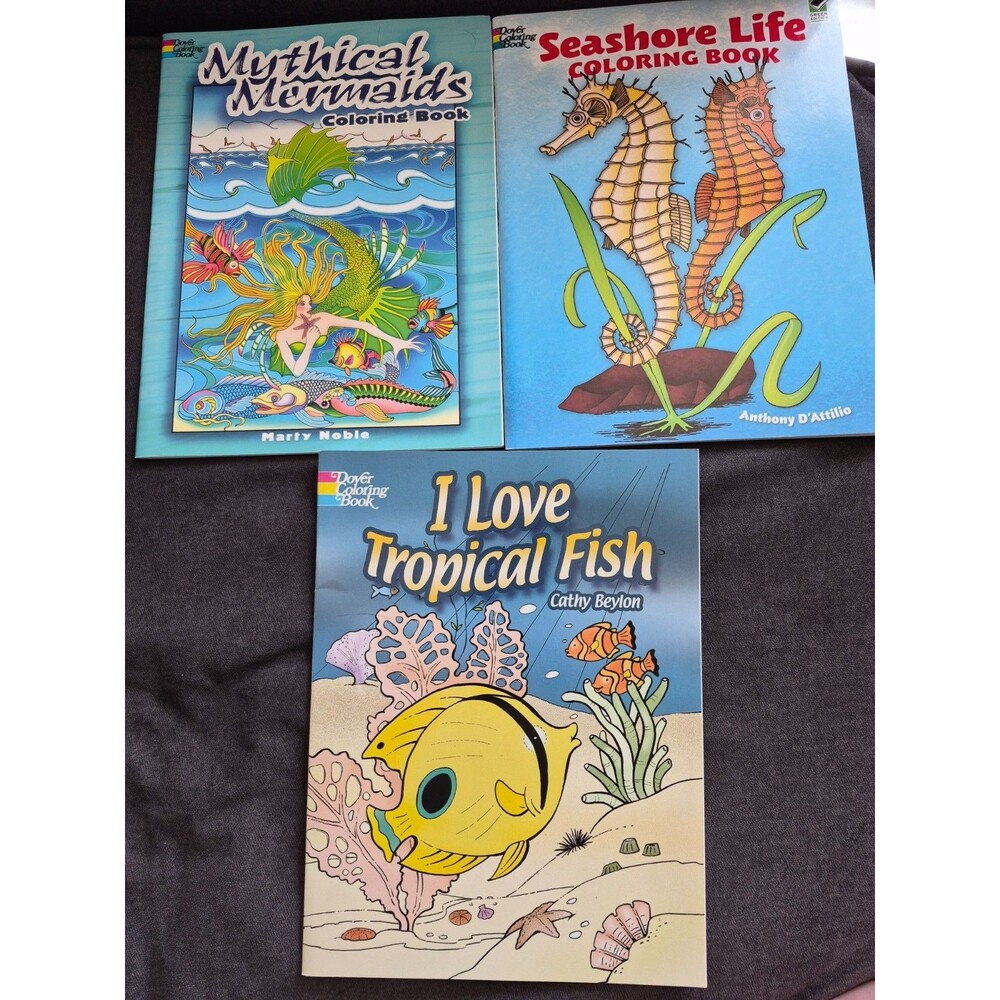 Lot of 3 Ocean Sea Coloring Books Seashore Life Mythical Mermaids Tropical Fish